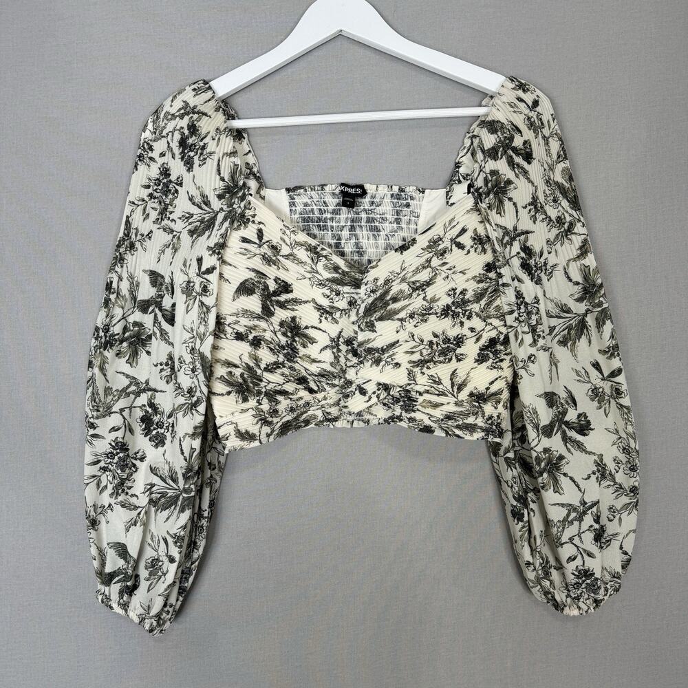Express‎ Puff-Sleeve Blouse Womens Small Cream Botanical Bird Toile Ruched Crop